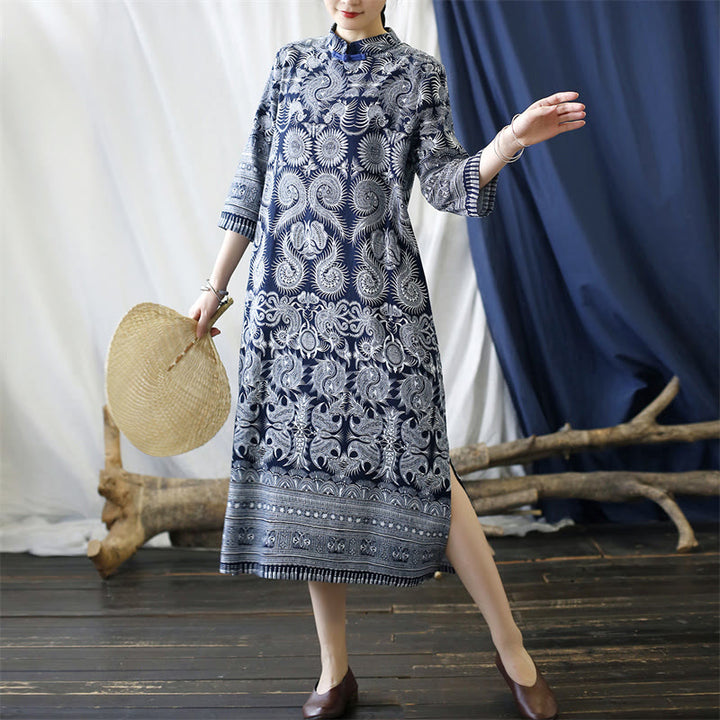 Buddha Stones Blue White Flower Frog-button Midi Dress Three Quarter Sleeve Linen Batik Dress With Pockets