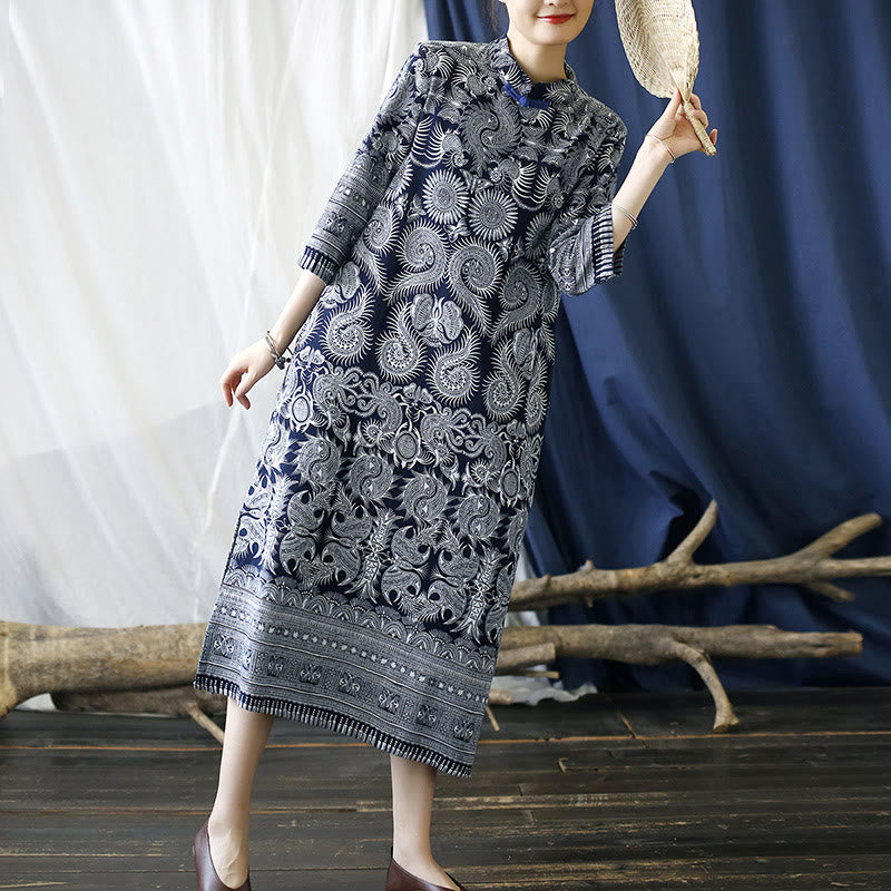 Buddha Stones Blue White Flower Frog-button Midi Dress Three Quarter Sleeve Linen Batik Dress With Pockets