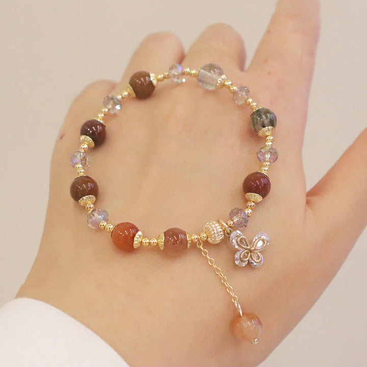 Buddha Stones Natural Fu Lu Shou Rainbow Crystal Rutilated Quartz Wealth Butterfly Charm Bracelet