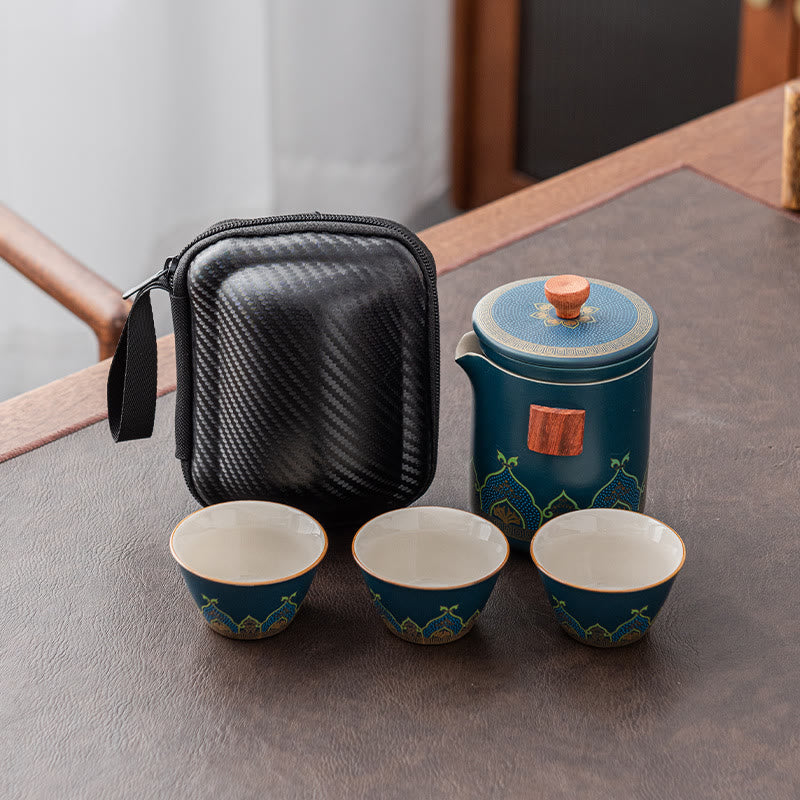 Flower Chinese Gongfu Ceramic Teapot Portable Outdoor Travel Tea Set Bag