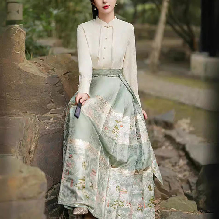 Buddha Stones Chinese Hanfu Green Peach Garden Printed Horse Face Skirt Mamianqun