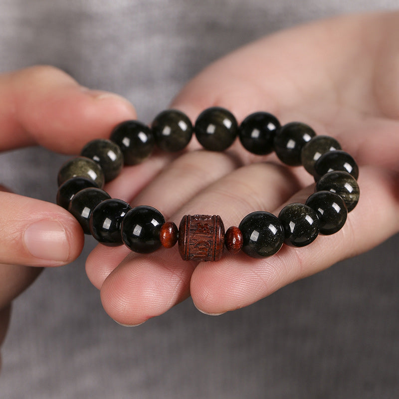 Buddha Stones Natural Gold Sheen Obsidian Rainbow Obsidian Om Mani Padme Hum Fu Character Healing Bracelet