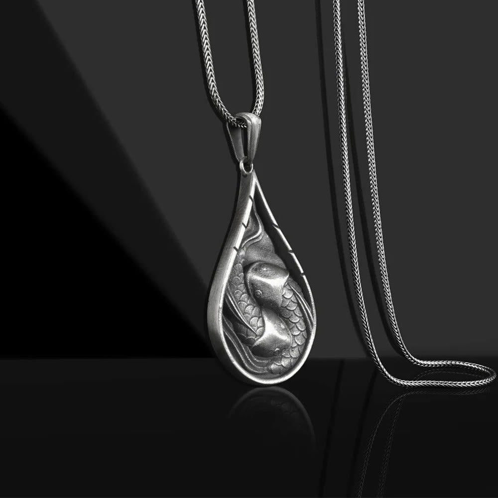 Buddha Stones Double Lucky Koi Fish Prosperity Pure Tin Water Drop Pattern Necklace Pendant - image 2