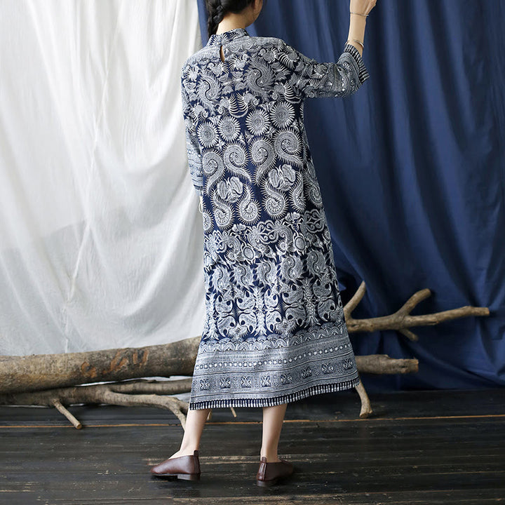 Buddha Stones Blue White Flower Frog-button Midi Dress Three Quarter Sleeve Linen Batik Dress With Pockets