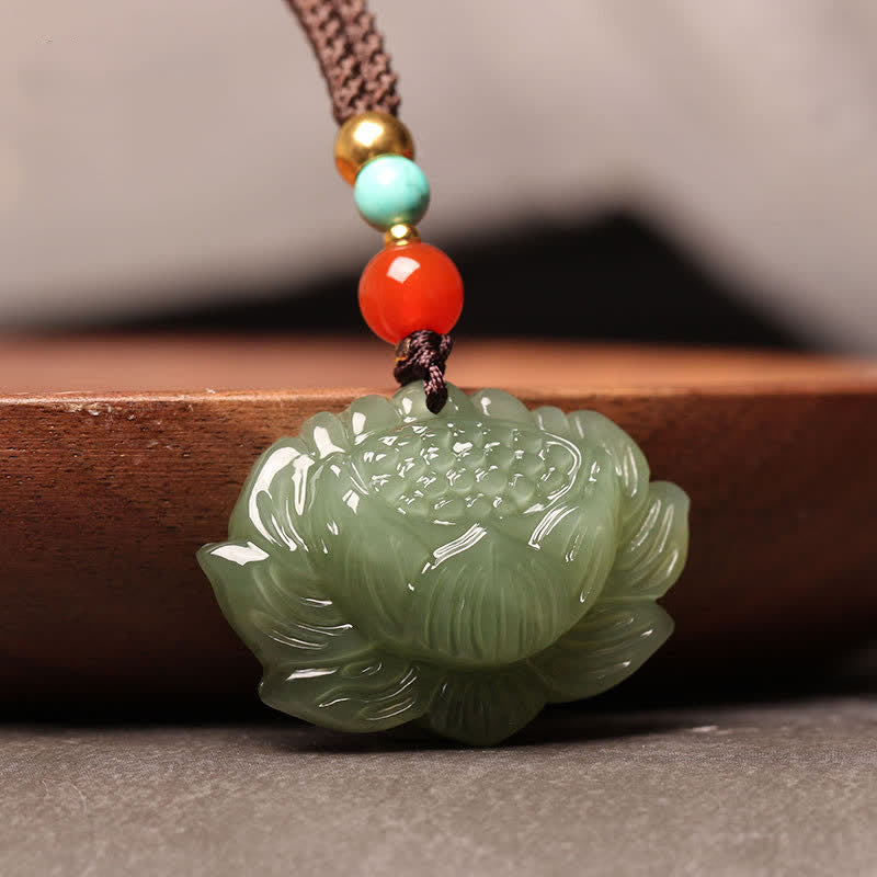 Buddha Stones Hetian Cyan Jade Lotus Flower Success Necklace Pendant - image 3