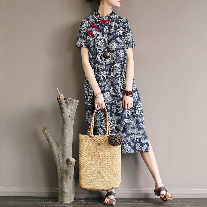 Buddha Stones Blue White Flower Frog-button Cheongsam Dresses Short Sleeve Linen Dresses With Pockets