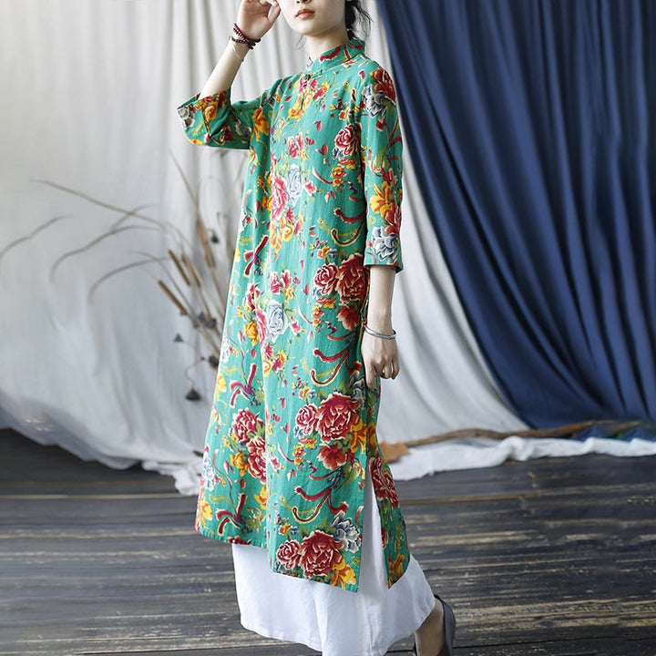 Buddha Stones Red Blue Peony Midi Dress Half Sleeve Cotton Linen Dress Wide Leg Pants With Pockets