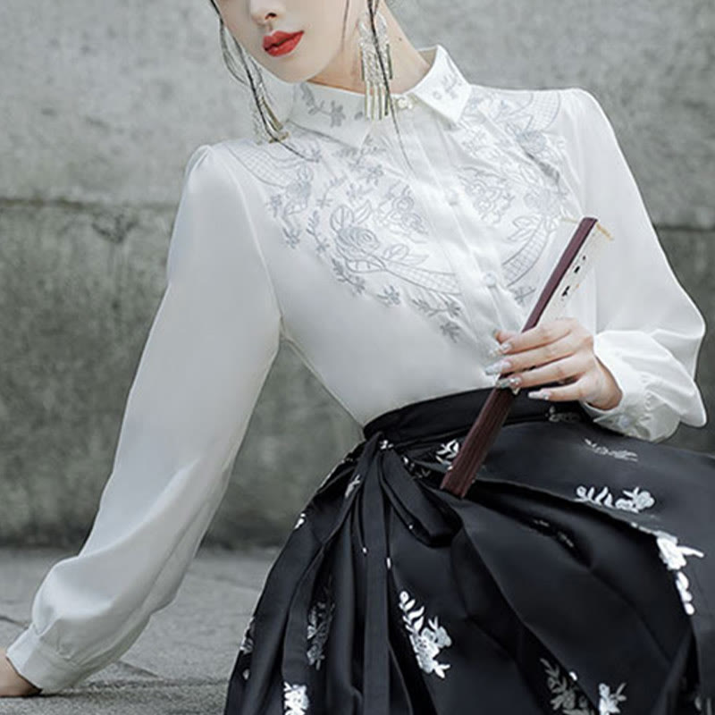 Buddha Stones Flowers Leaves Feathers Long Sleeve Shirt Top Chinese Hanfu Ming Dynasty Horse Face Skirt Mamianqun Skirt