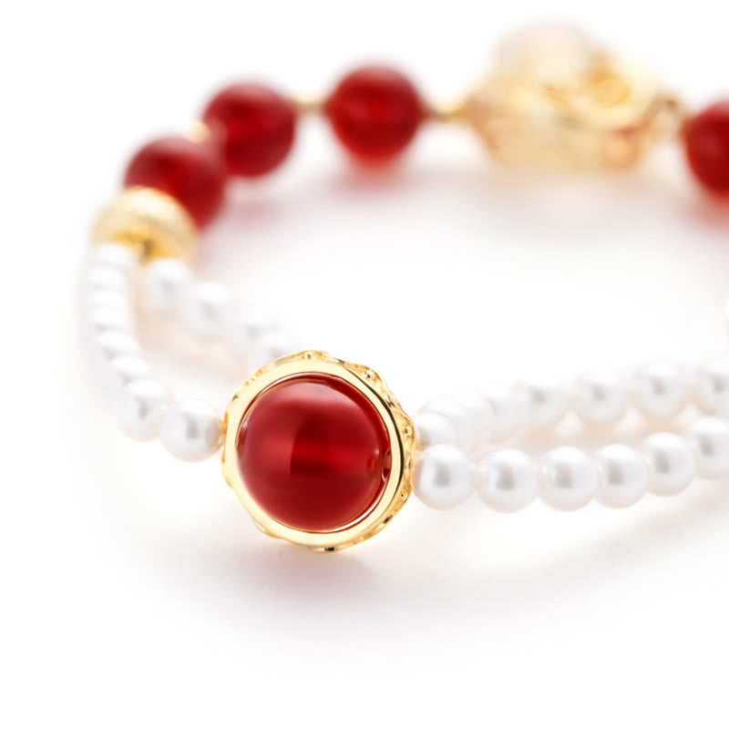 Buddha Stones 18K Gold Plated Copper Natural Red Agate Pearl Koi Fish Confidence Bracelet Necklace Pendant Earrings Set