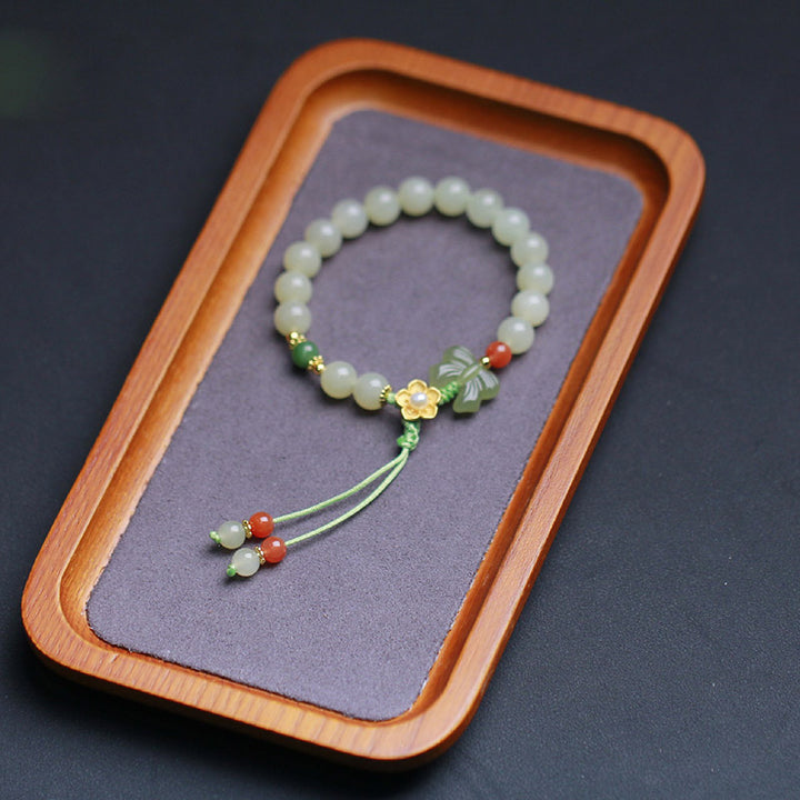 Buddha Stones 925 Sterling Silver Jade Luck Flower Butterfly Bracelet - image 9