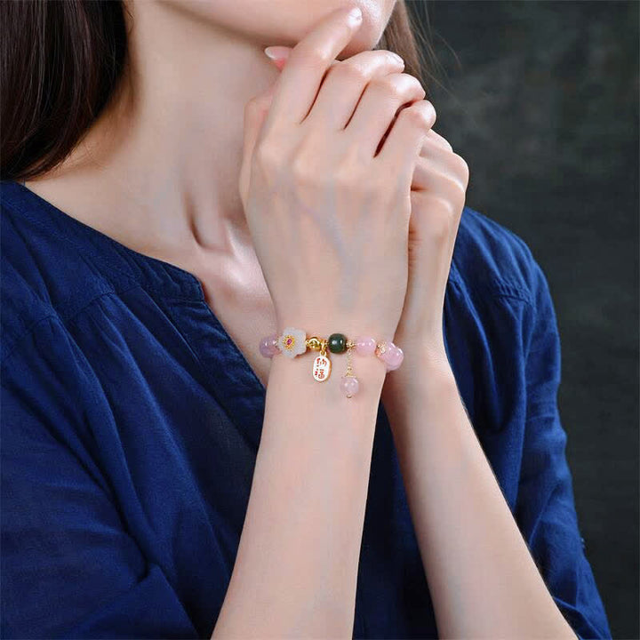 Buddha Stones Natural Pink Crystal Jade Flower Warm Love Bracelet - image 2