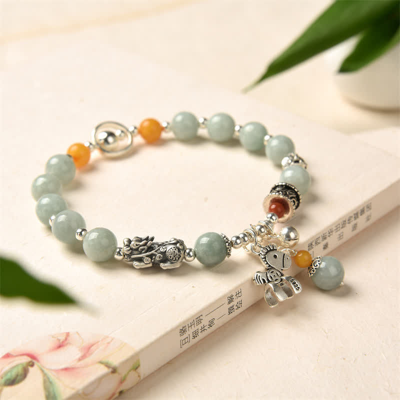 925 Sterling Silver Natural Jade Amber PiXiu Pony Success Bracelet - image 7