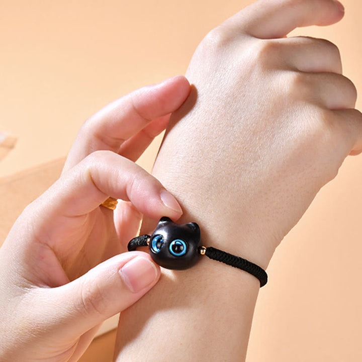 Buddha Stones Ebony Wood Cat Head Pattern Peace King Kong Knot Braided Bracelet - image 19