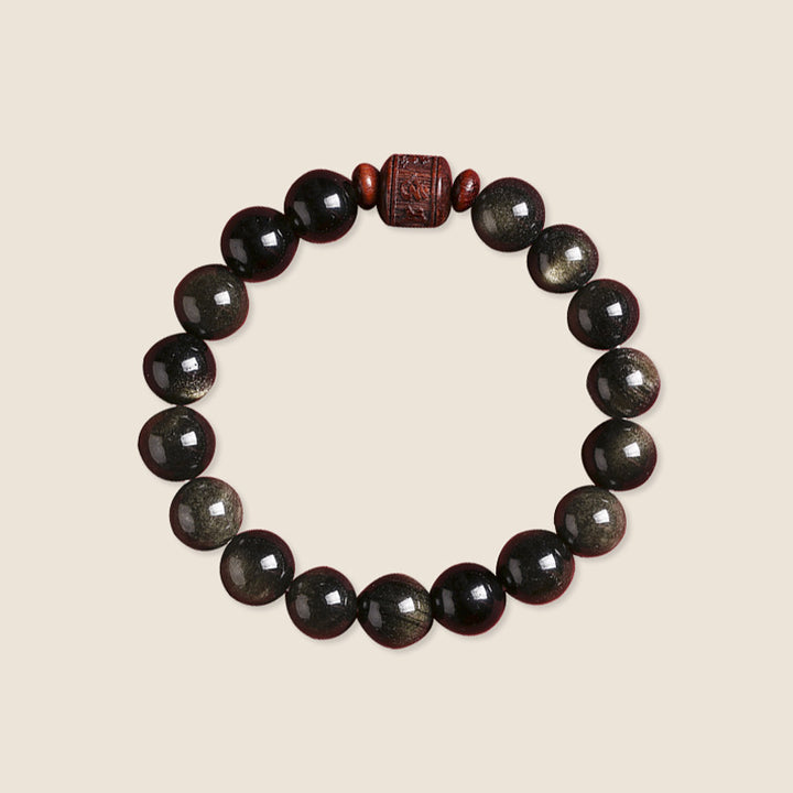 Buddha Stones Natural Gold Sheen Obsidian Rainbow Obsidian Om Mani Padme Hum Fu Character Healing Bracelet