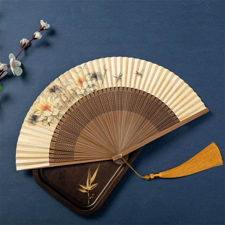 Buddha Stones Lotus Dragonfly Wild Geese Plum Blossom Handheld Silk Bamboo Folding Fan 22.5cm