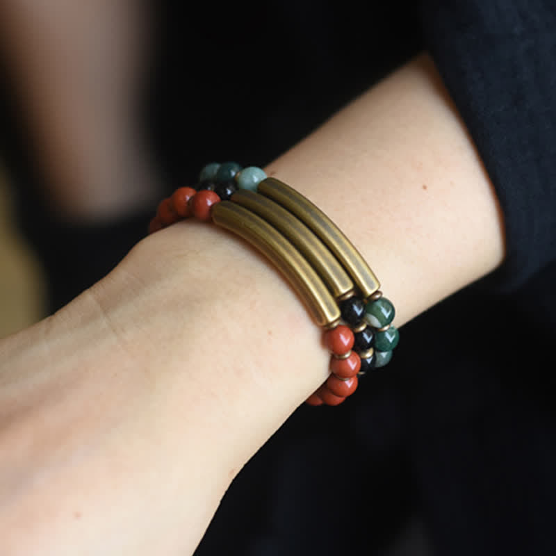 Buddha Stones Red Jasper Moss Agate Black Obsidian Crystal Copper Peace Couple Bracelet