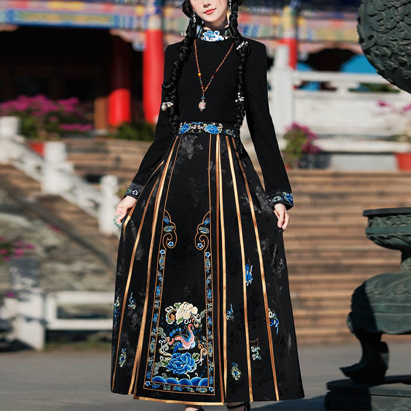 Buddha Stones Long Sleeve T-Shirt Top Tee Chinese Hanfu Embroidery Colorful Peony Flowers Horse Face Skirt Mamianqun