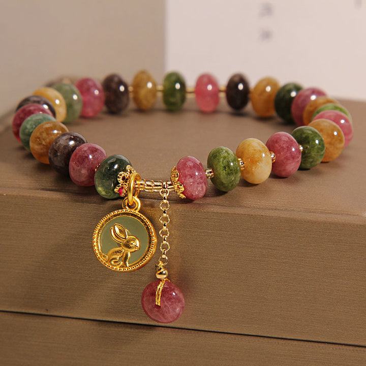 Buddha Stones Natural Colorful Tourmaline Cute Rabbit Charm Positive Bracelet