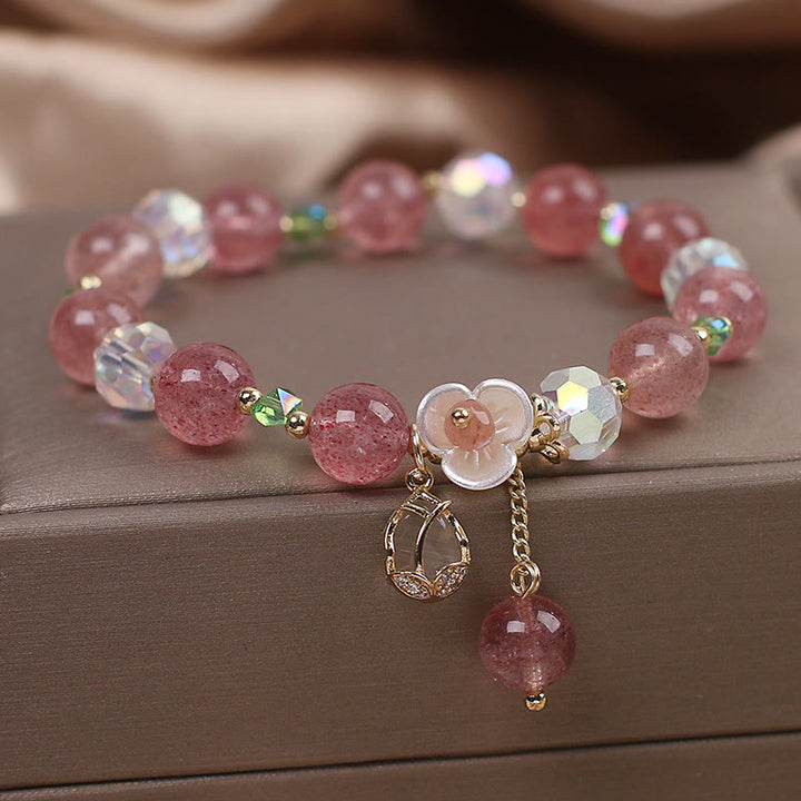 Buddha Stones Strawberry Quartz Rutilated Quartz Fluorite Flower Healing Bracelet