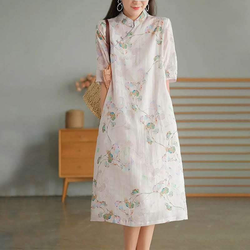 Buddha Stones Frog-button Leaves Branches Midi Dress Cotton Linen Short Sleeve Dress With Pockets