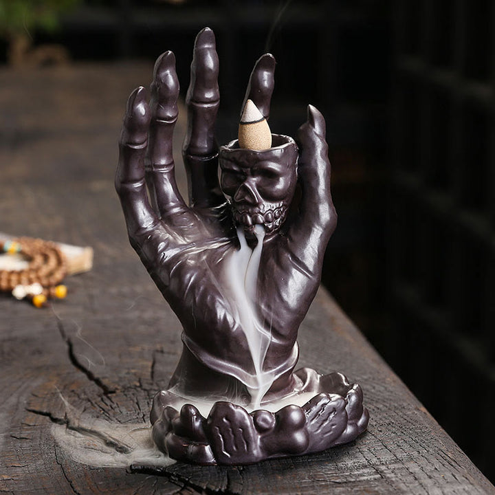 Buddha Stones Halloween Ghost Hand Skull Head Ceramic Peace Healing Incense Burner Decoration - Brown 17*9.5*9.2cm - image 0