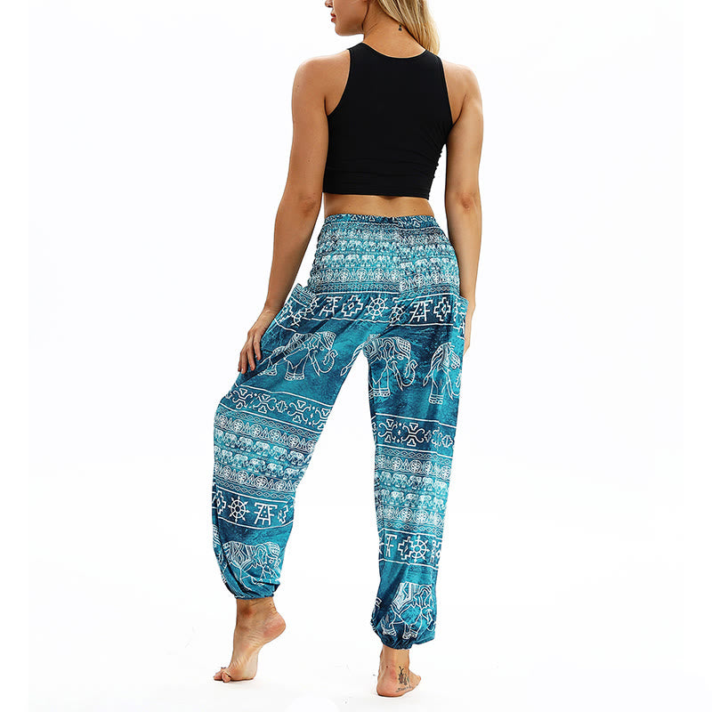 Buddha Stones Boho Loose Geometric Elephant Pattern Harem Trousers Women's Yoga Pants