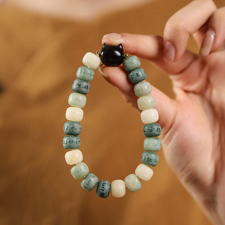 Buddha Stones Bodhi Seed Silver Sheen Obsidian Cat Head Om Mani Padme Hum Engraved Harmony Bracelet - Green Bodhi Seed(Wrist Circumference 14-16cm) - image 8