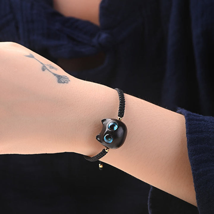 Buddha Stones Small Leaf Red Sandalwood Ebony Wood Cute Cat Head Calm Protection Braided Bracelet - image 16