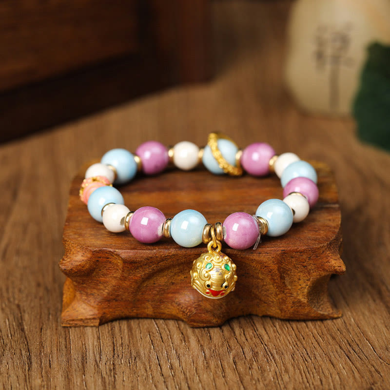 Buddha Stones Tibetan Zakiram Goddess of Wealth Rabbit Lion Head Charm Liuli Glass Incense Ash Porcelain Bead Protection Bracelet - Liuli Glass Bead Lion Head - image 4