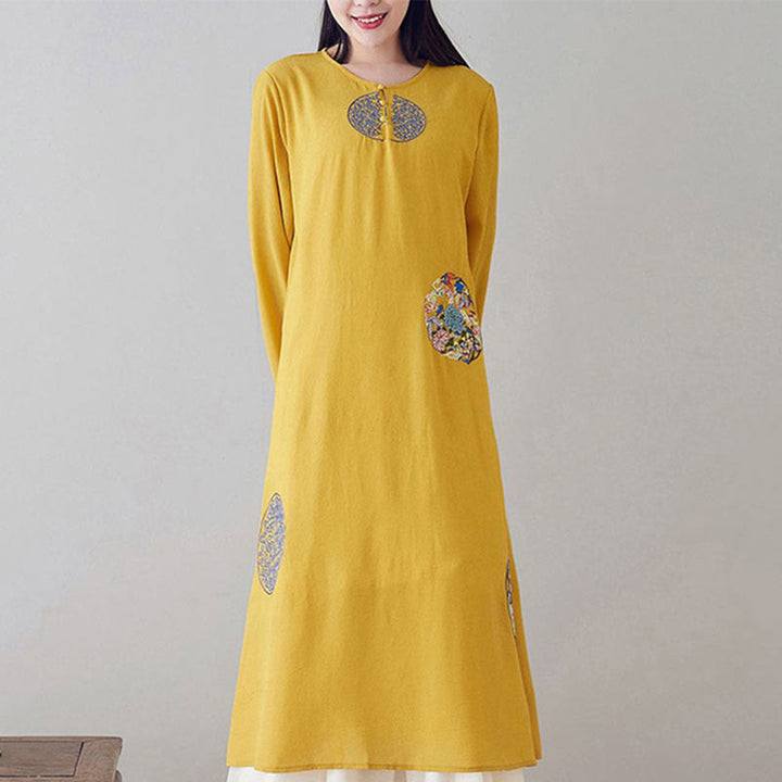 Buddha Stones Embroidery Long Sleeve Midi Dress Meditation Spiritual Zen Practice