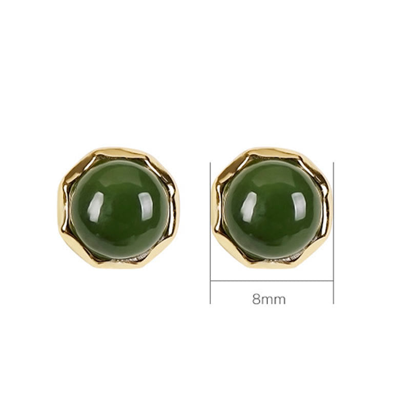Buddha Stones 925 Sterling Silver Plated Gold Natural Hetian Cyan Jade Bead Luck Stud Earrings - image 7