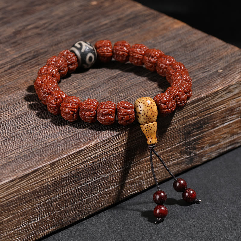 Buddha Stones Tibet Rudraksha Bodhi Seed Dzi Bead Lucky Cat Dancing Lion Wealth Bracelet Wrist Mala