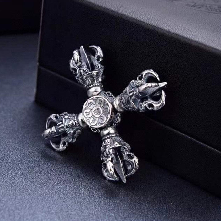 Tibetan 925 Sterling Silver Double Dorje Vajra Engraved Spiritual Power Pendant - Hand Playing Piece 51*50mm - image 0