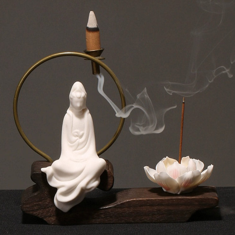 Buddha Stones Ceramic Lotus Healing Meditation Incense Burner Decoration - White Avalokitesvara - image 8