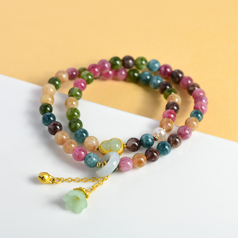 Buddha Stones Multicolored Tourmaline Gourd Wisdom Double Wrap Lily Of The Valley Charm Bracelet