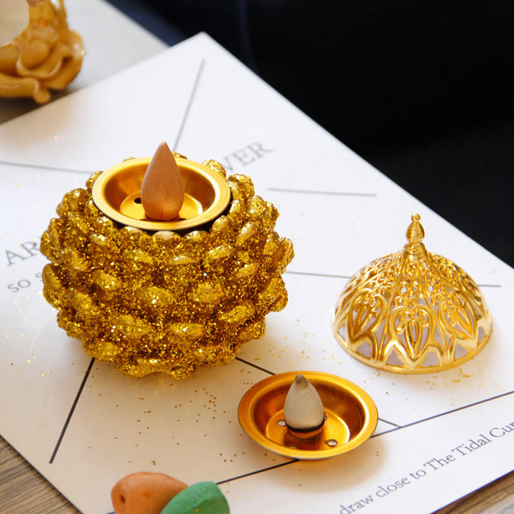 Gold Pine Cone Pattern Spiritual Rituals Mini Incense Burner Home Tabletop Decor - image 6