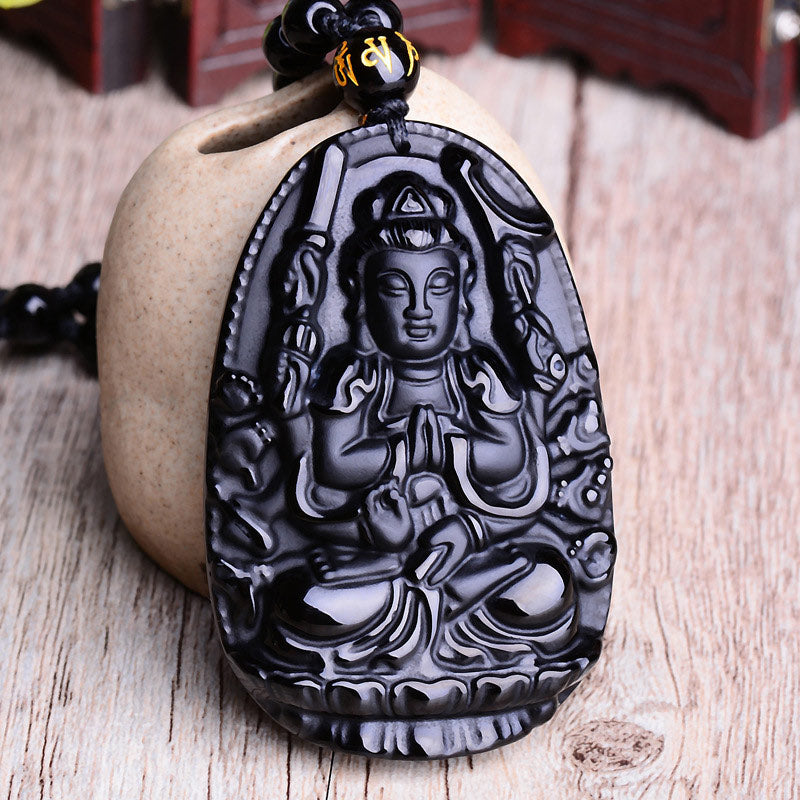 Buddha Stones Chinese Zodiac Obsidian Buddha Amulet Protection Pendant Necklace - image 1