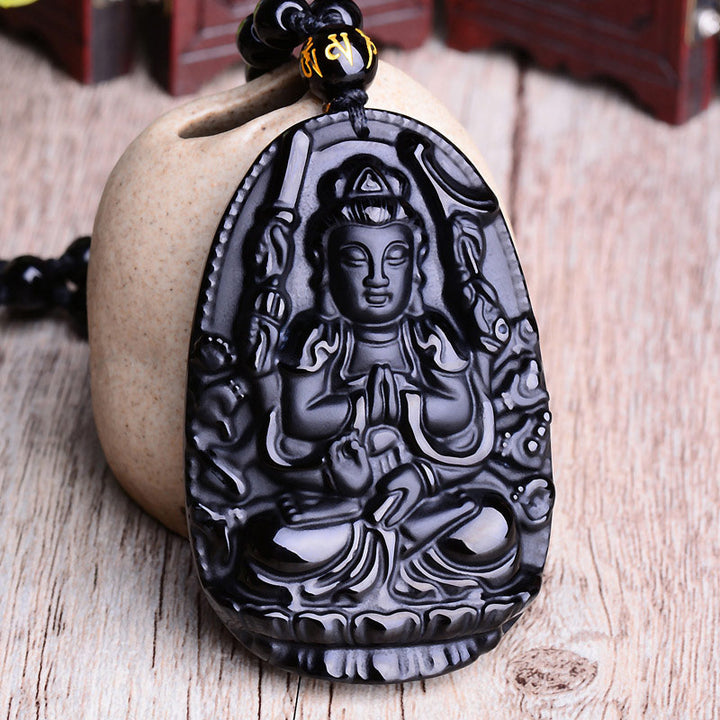 Buddha Stones Chinese Zodiac Obsidian Buddha Amulet Protection Pendant Necklace - image 1