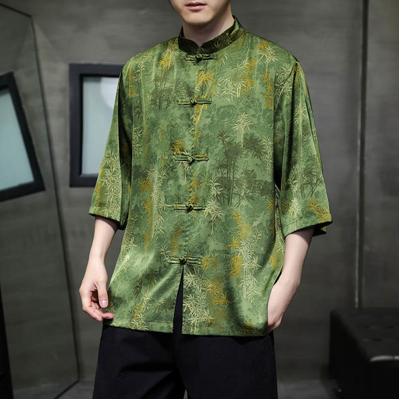 Buddha Stones Bamboo Leaves Pattern Chinese Half Sleeve Shirt Men T-shirt