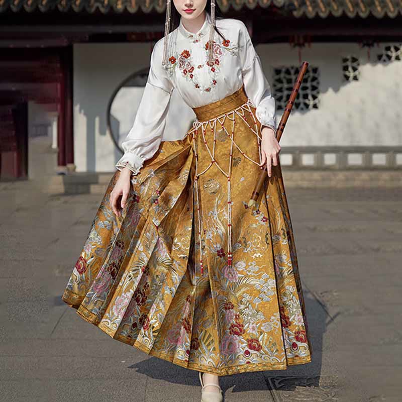 Buddha Stones Golden Flower Phoenix Embroidery Long Sleeve Shirt Top Chinese Hanfu Ming Dynasty Horse Face Skirt Mamianqun Skirt