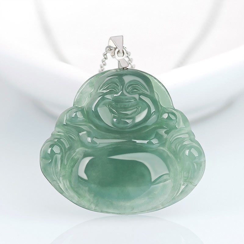 Buddha Stones 925 Sterling Silver Laughing Buddha Jade Protection Calm Necklace Chain Pendant - Jade - image 1
