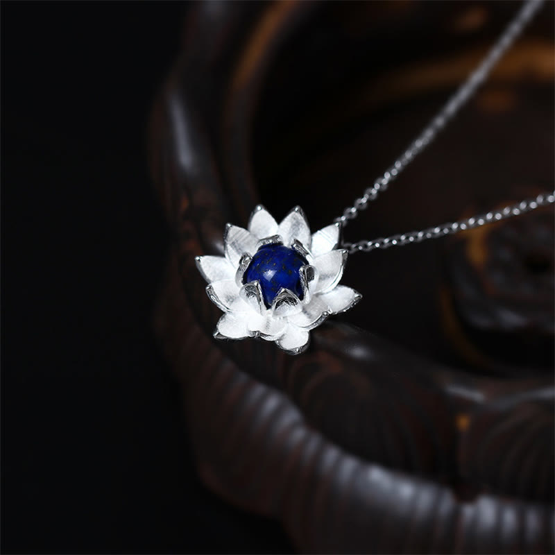 Buddha Stones 925 Sterling Silver Lazurite Lapis Lazuli Lotus Flower Self Care Necklace Pendant - image 1