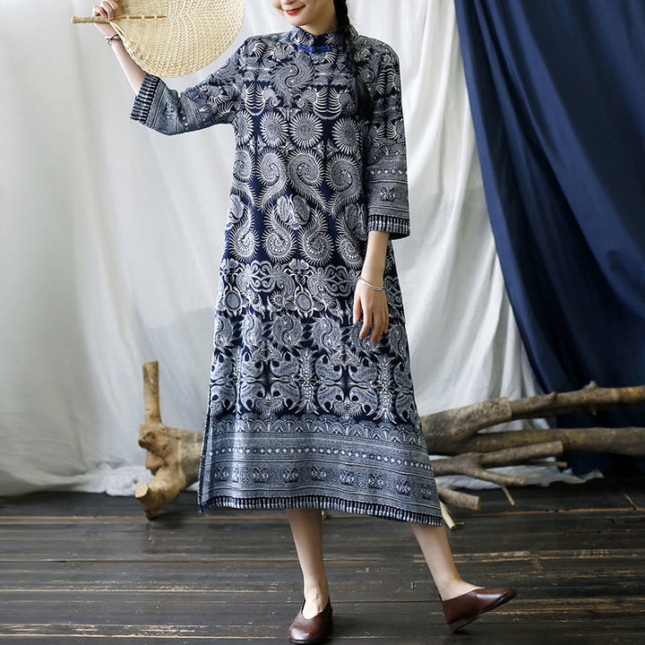 Buddha Stones Blue White Flower Frog-button Midi Dress Three Quarter Sleeve Linen Batik Dress With Pockets