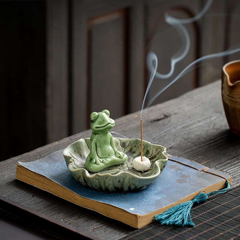Buddha Stones Leaf Meditation Frog Pattern Healing Ceramic Incense Burner Decoration - image 6