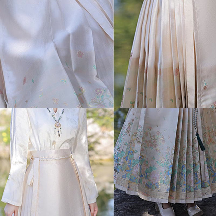 Buddha Stones Beige Summer Lotus Flowers Pond Printed Chinese Hanfu Horse Face Skirt Mamianqun