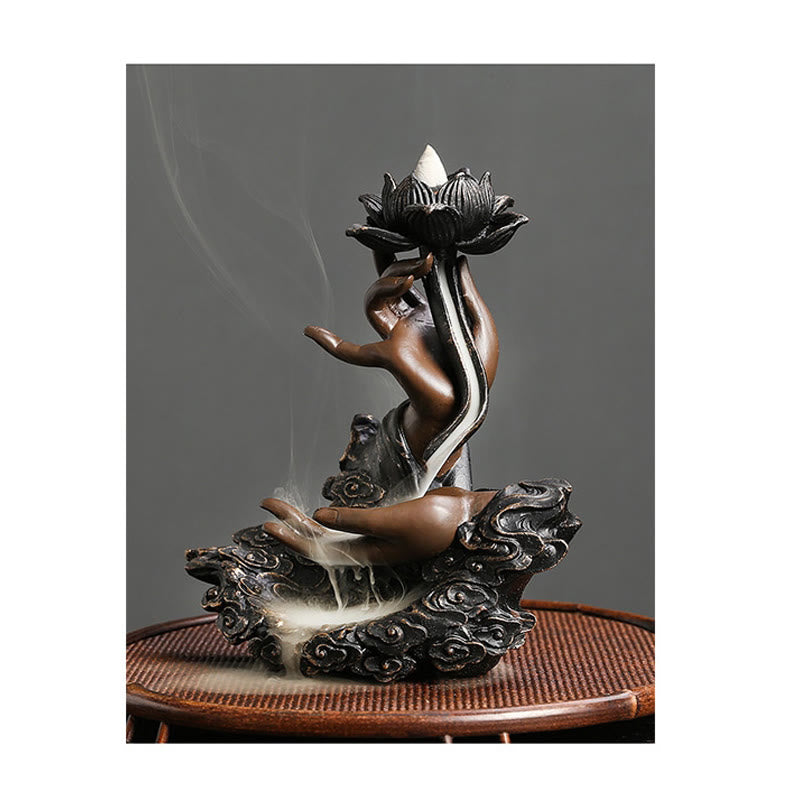 Buddha Stones Lotus Buddha Hand Auspicious Clouds Pattern Meditation Resin Backflow Incense Burner - image 8