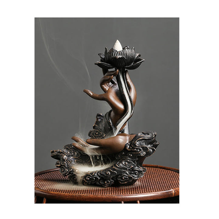 Buddha Stones Lotus Buddha Hand Auspicious Clouds Pattern Meditation Resin Backflow Incense Burner - image 8