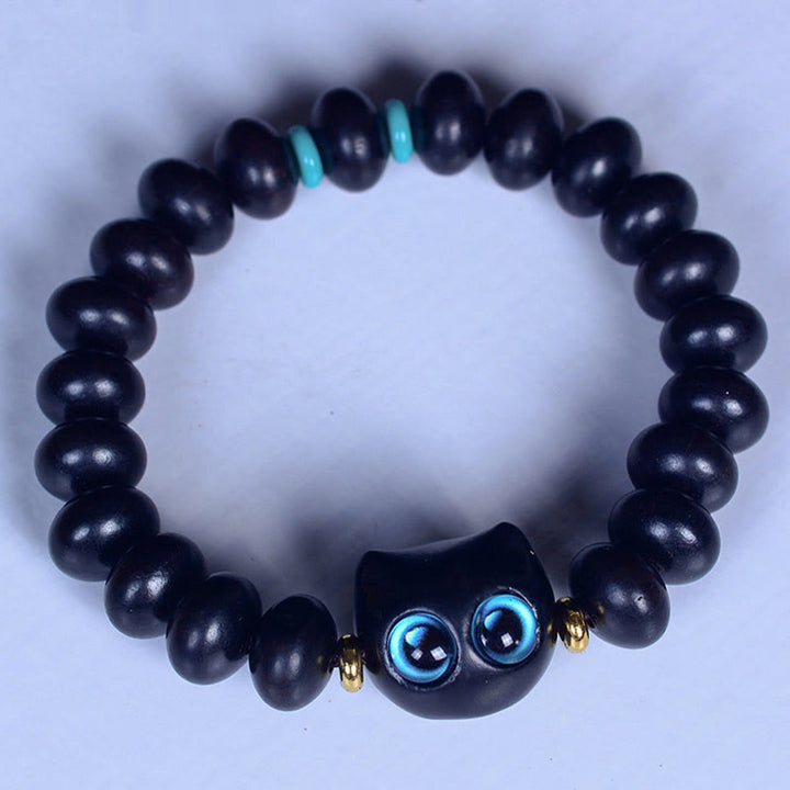 Buddha Stones Ebony Wood Liuli Glass Lovely Cat Peace Balance Bracelet - image 3