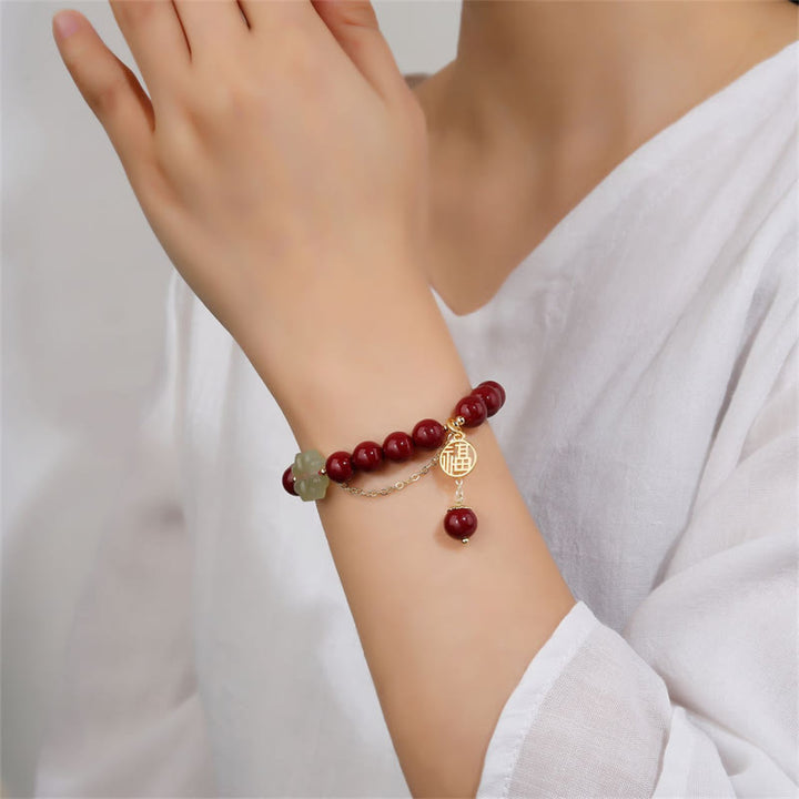 Buddha Stones Cinnabar Fu Character Hetian Jade Lucky Four Leaf Clover Blessing Bracelet - image 2