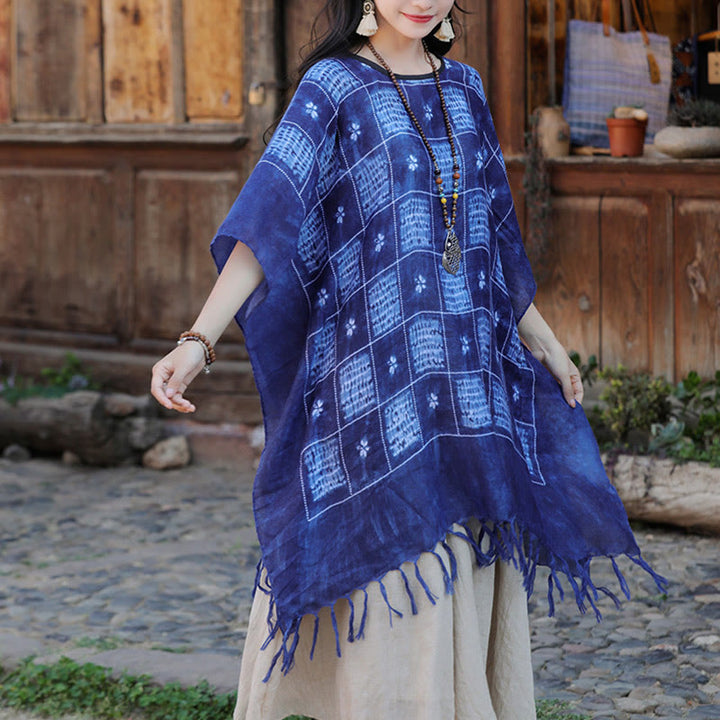 Buddha Stones Blue Color Block Plaid Shawl Tassels Soft Pullover 90*95cm